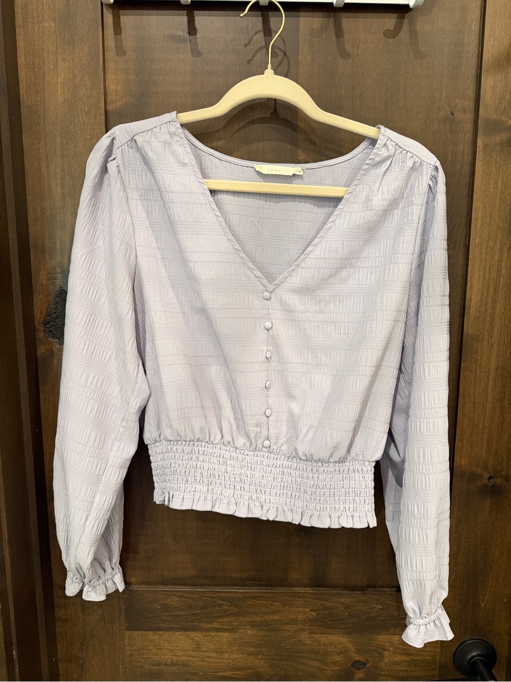 Lush Lavender V-Neck Button Front Smocked Waist Blouse